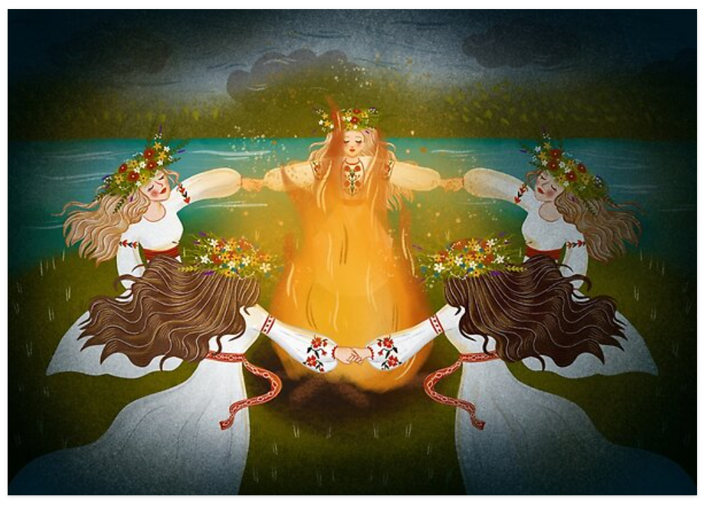 Dancing Around the Fire - Folklore Art Postcard