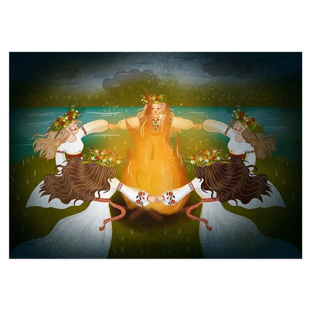 Dancing Around the Fire - Folklore Art Postcard