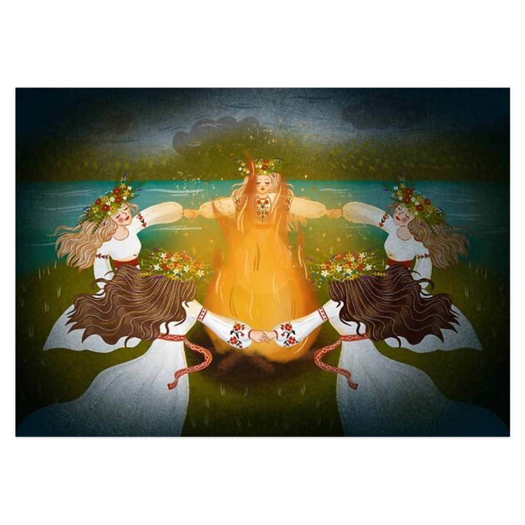 Dancing Around the Fire - Folklore Art Postcard